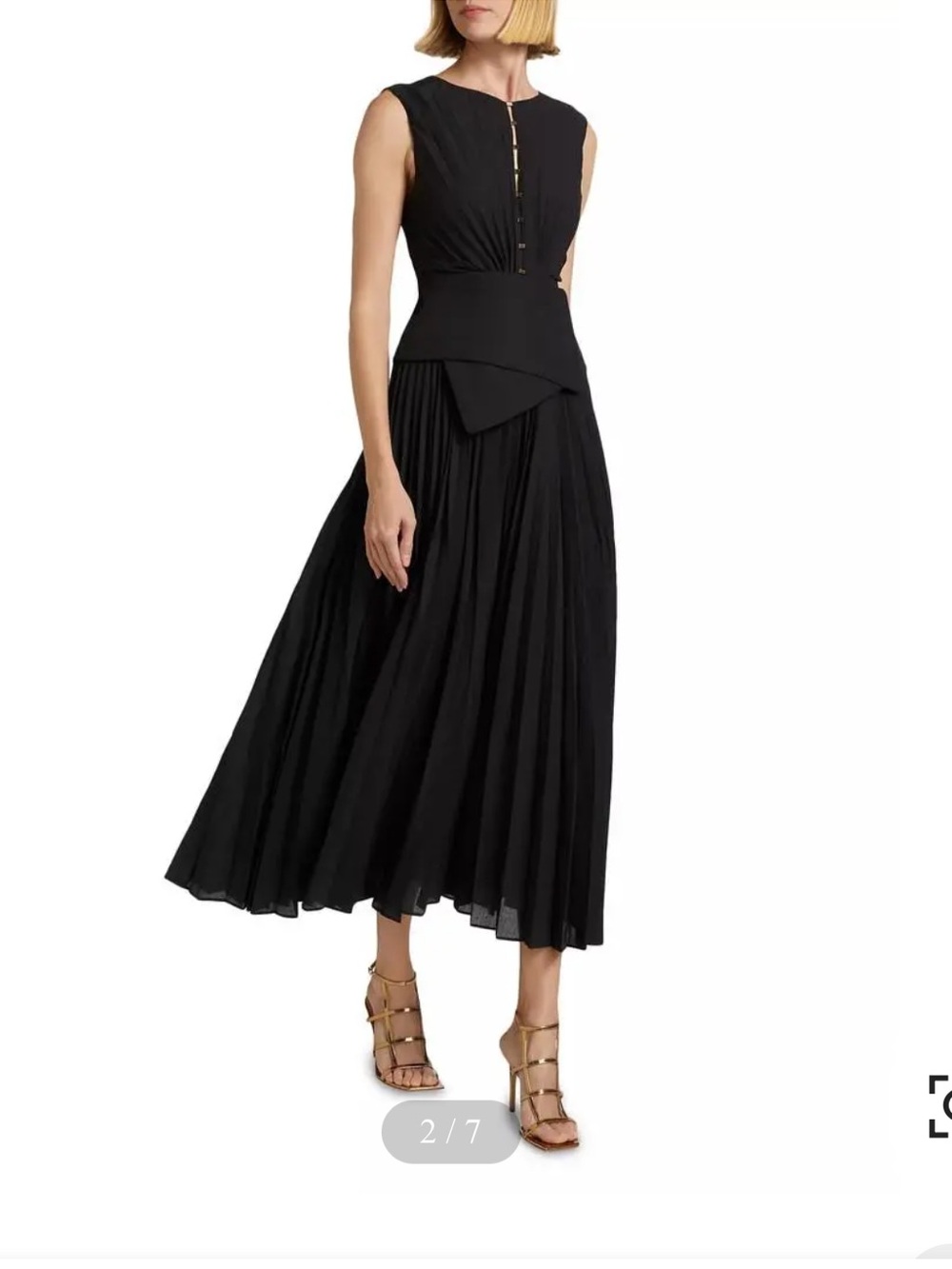Acler Rhodes pleated Black Midi Dress Gold Hardware Architectural Waist US 6